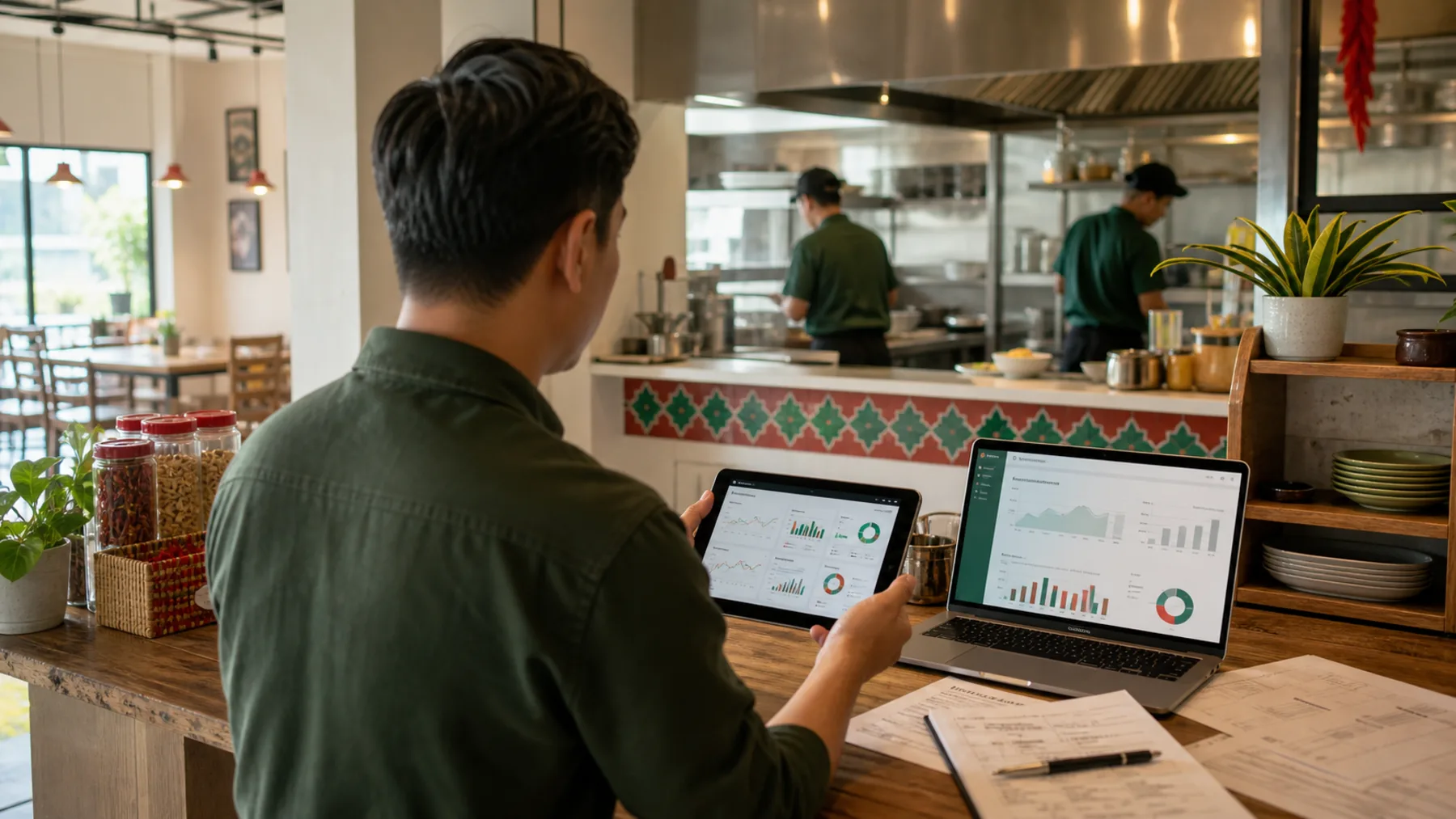 Manager reviewing restaurant operations dashboards in a warm restaurant workspace.
