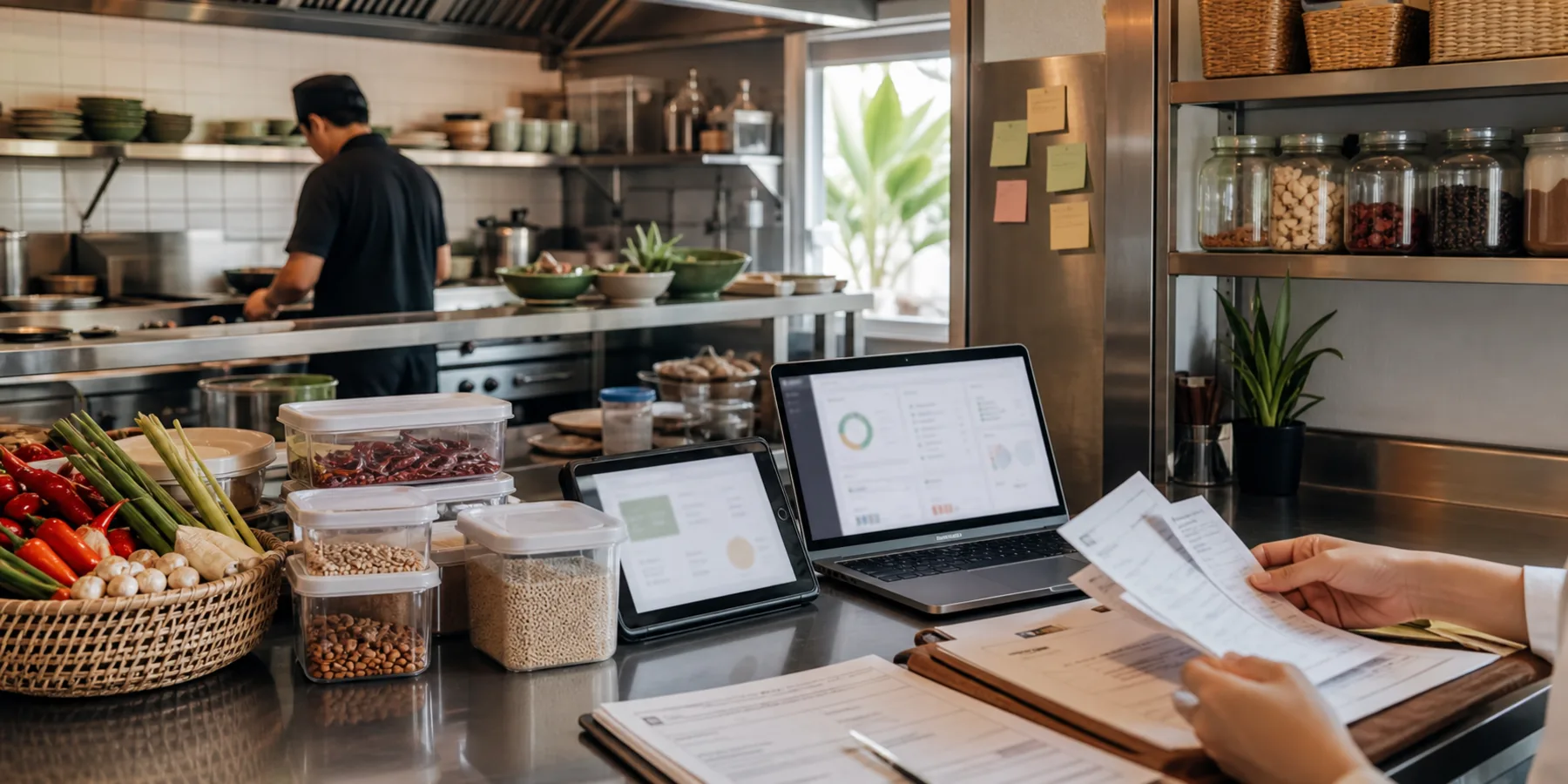 Restaurant operations workspace with stock notes, documents, and a blurred dashboard.
