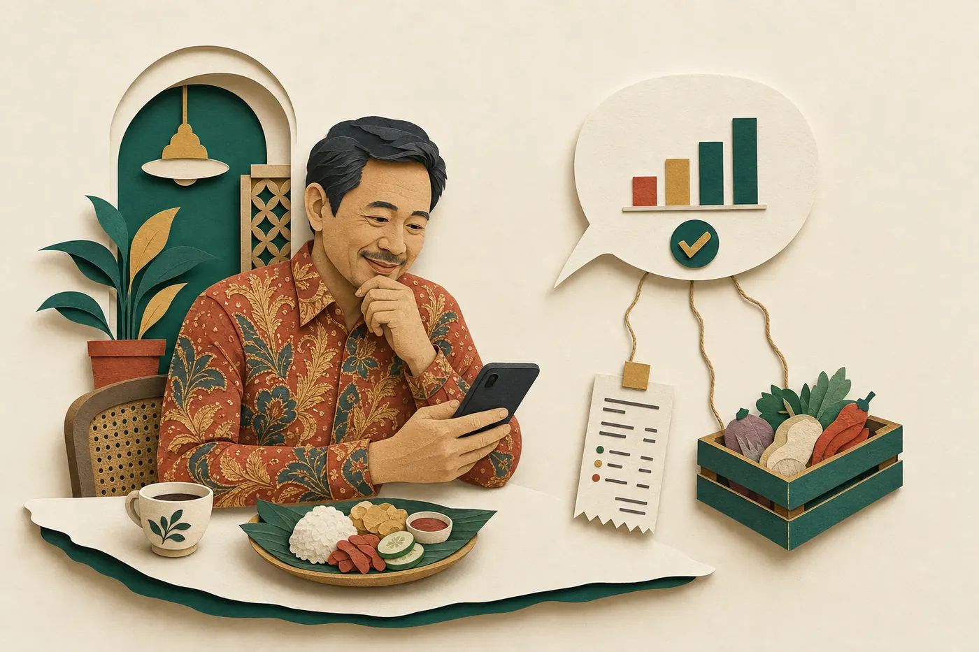 A restaurant owner at a table with a phone; beside it a paper speech bubble with a small bar chart and a green tick, connected by strings to a receipt and a stock crate