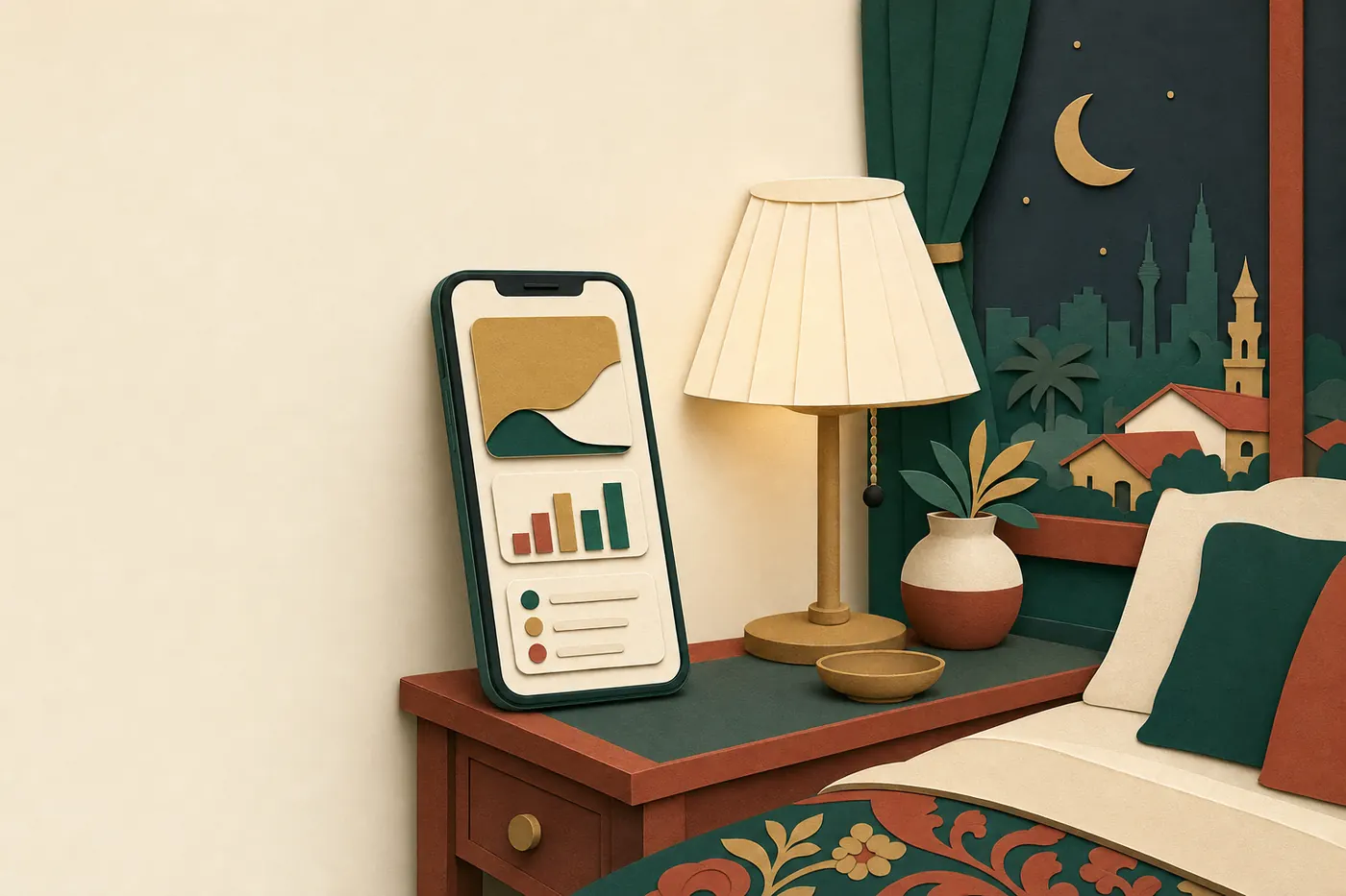 A phone on a bedside table at night showing simple dashboard tiles, with a crescent moon and city rooftops through the window