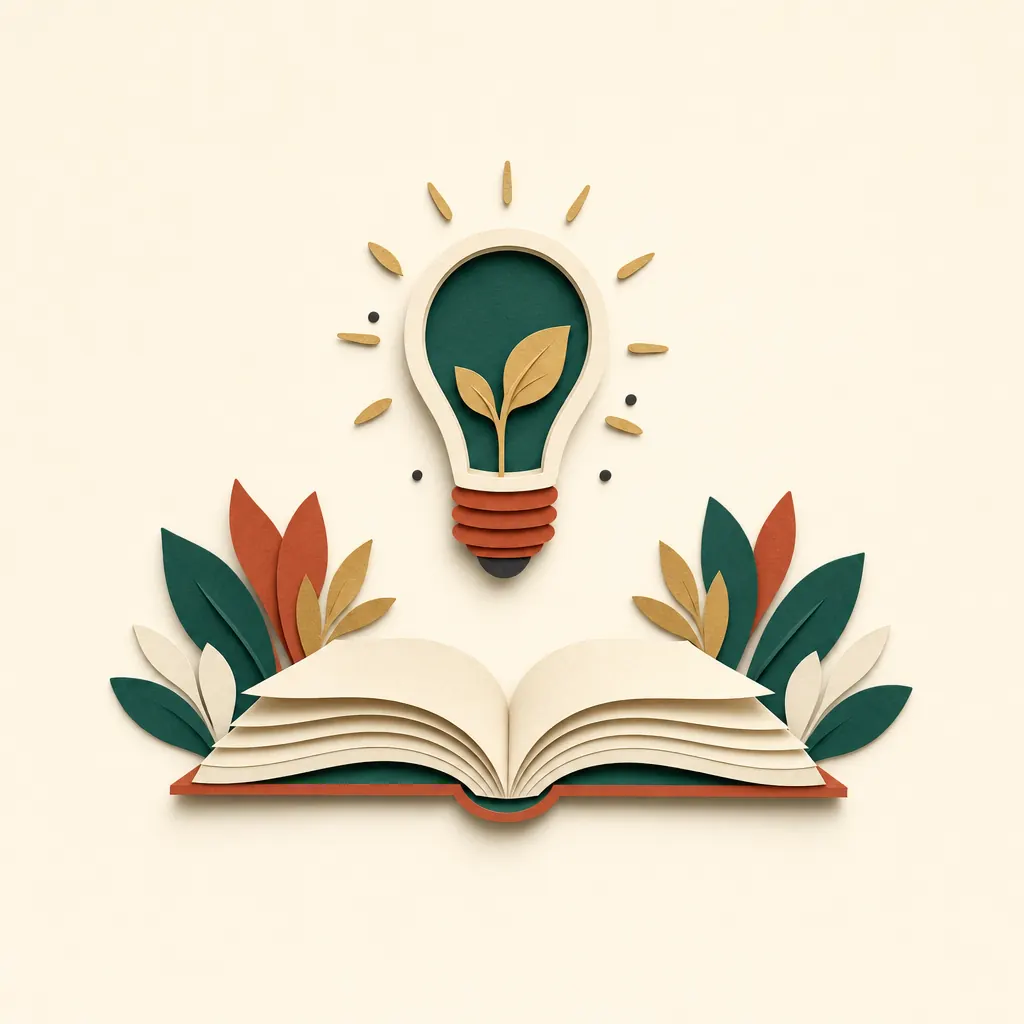 A paper-cut open book with a lightbulb growing from its pages
