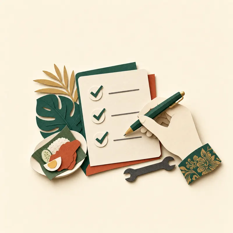 A paper-cut checklist with three ticks, a hand holding a pen, a plate of nasi lemak and a spanner