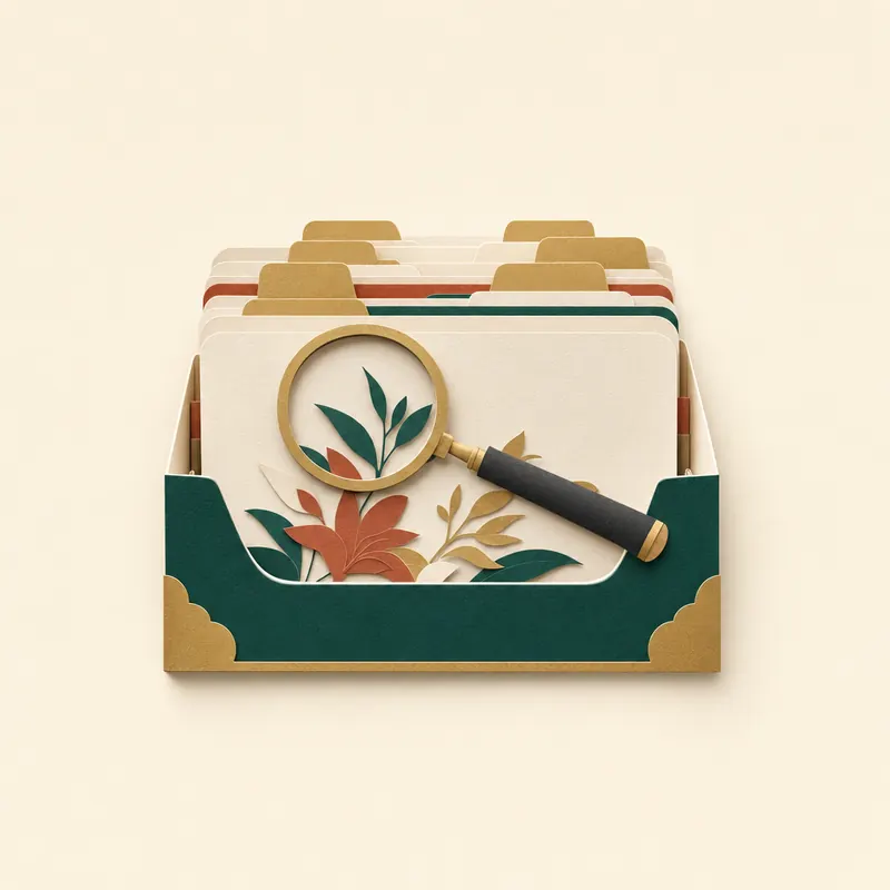 A paper-cut card index box with a magnifying glass over the files