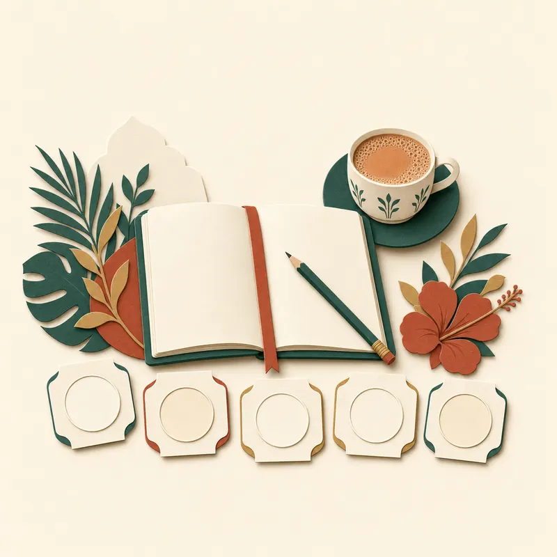 A paper-cut open lesson book with a pencil, a cup of teh tarik and five blank step markers