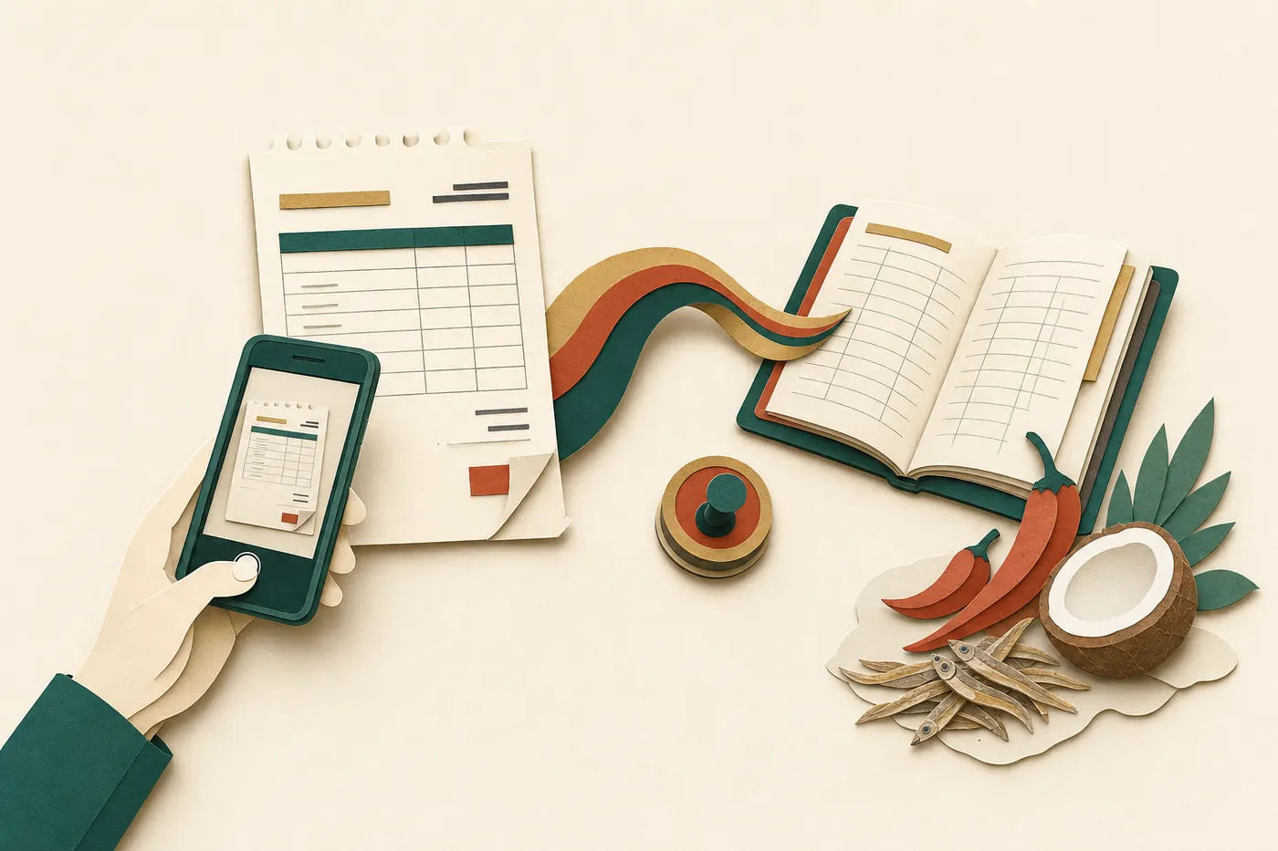 A phone photographing a supplier invoice, with a ribbon flowing from the invoice into a ledger book beside chillies, coconut and dried anchovies