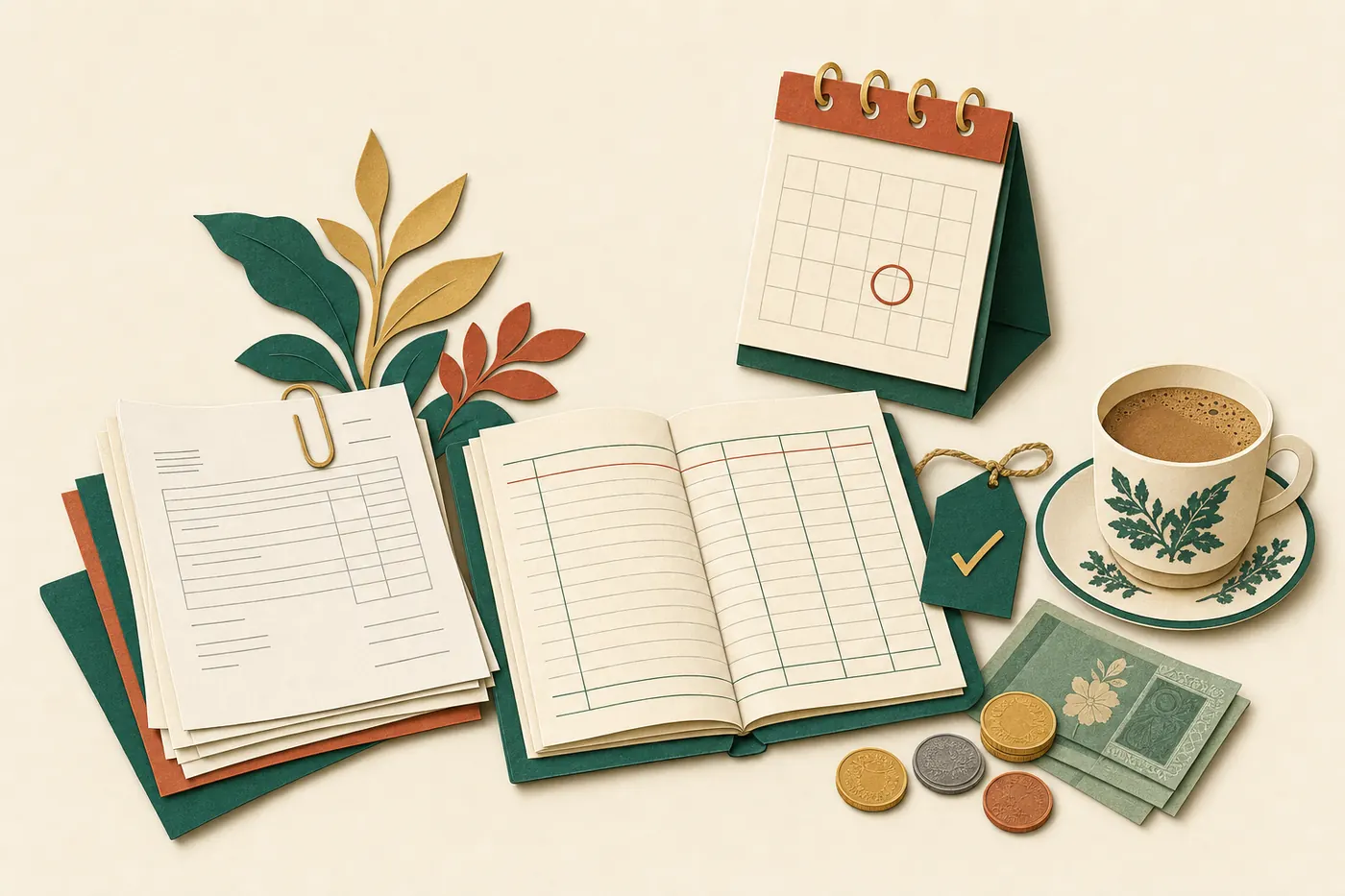 A tidy accounts desk with a stack of supplier bills, a calendar with one date circled, coins, a ledger and a cup of kopi