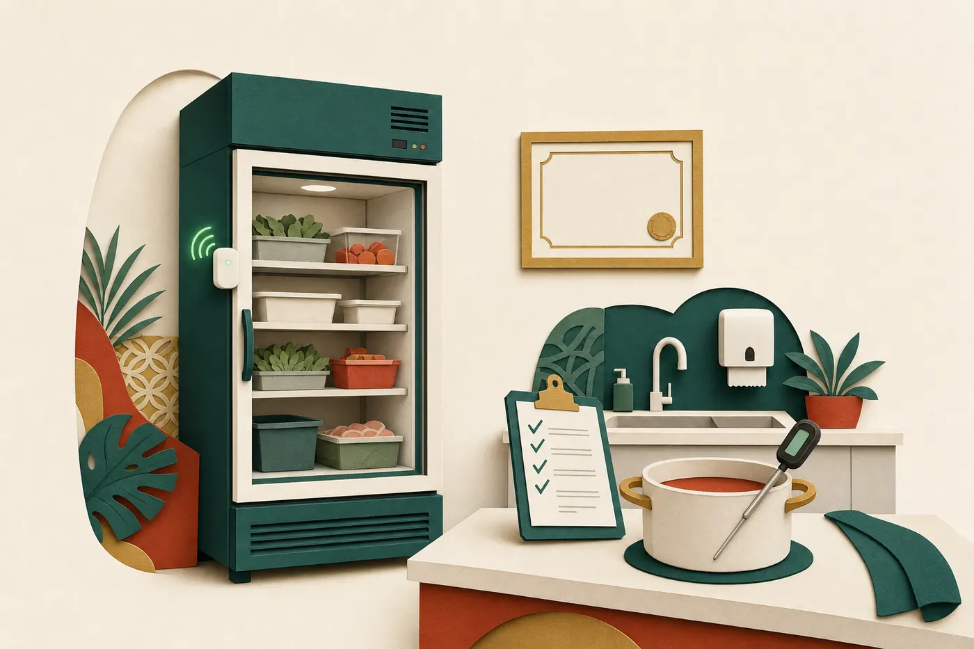 An upright commercial fridge with a glowing green thermometer tag, a checklist with ticks, a probe thermometer in a pot and a framed certificate on the wall