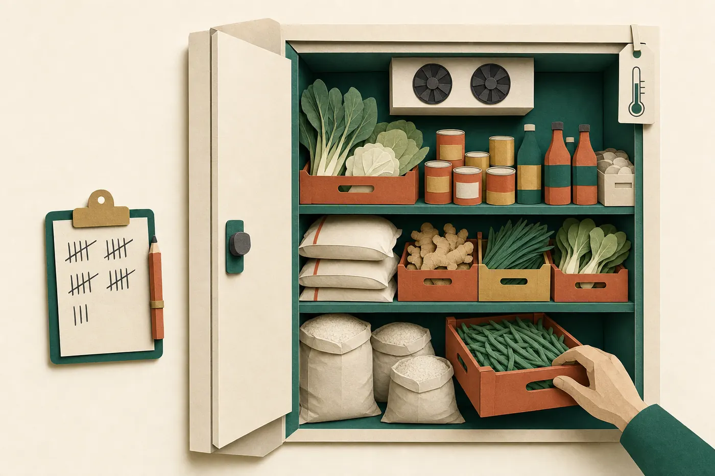 A walk-in cold room shelf with crates of vegetables, sacks of rice, cans and bottles, a clipboard tally and a thermometer tag