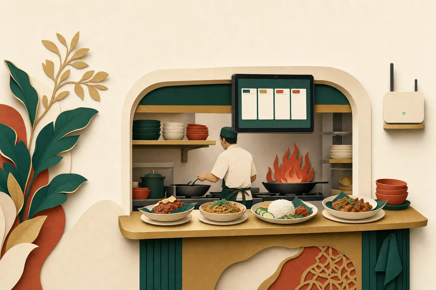 A kitchen pass with a tablet showing ticket cards above a wok with flame, plates lined up for one table and a router with a green light
