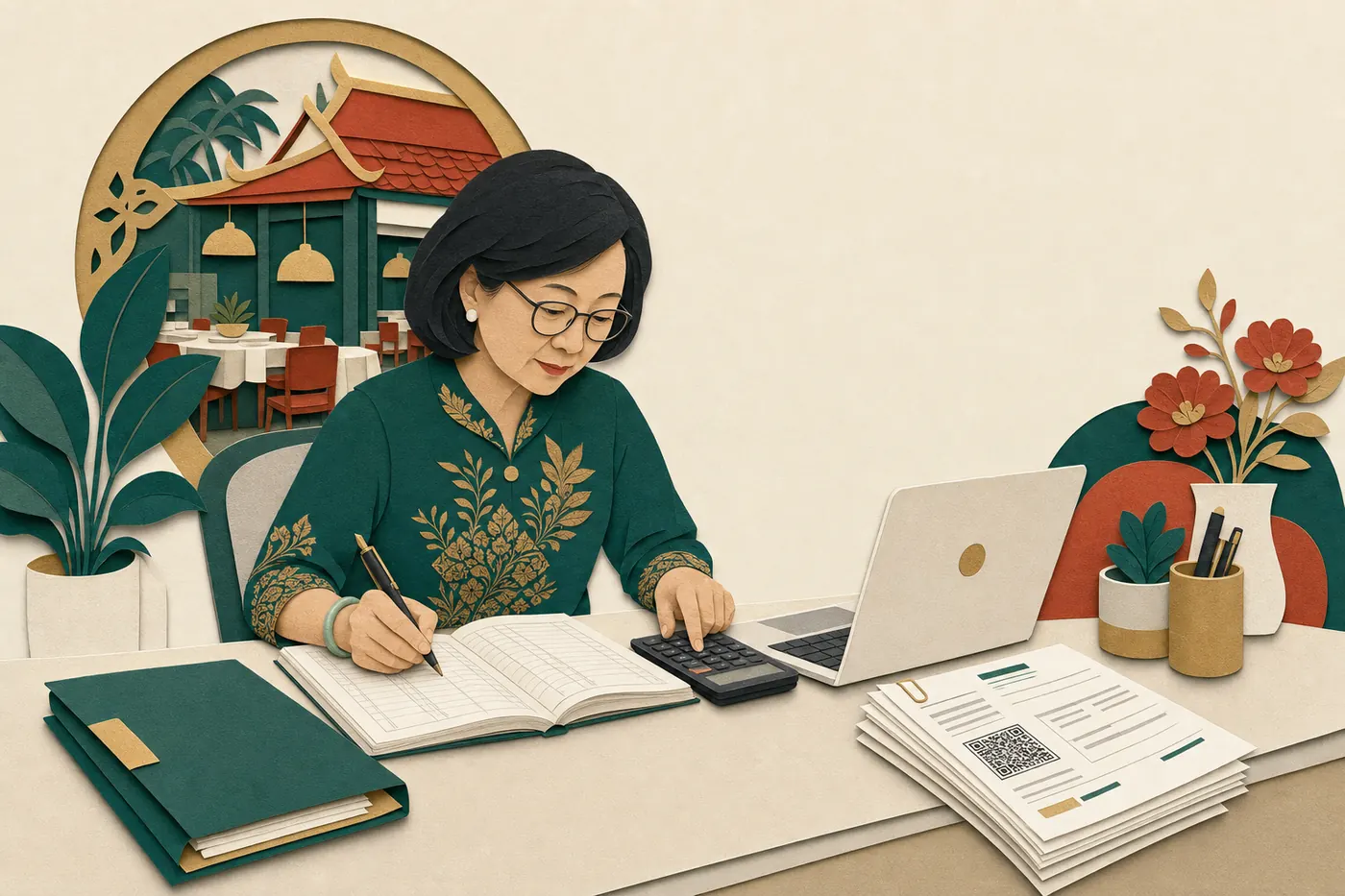 An accountant at a neat desk with a ledger, laptop, calculator and a stack of e-invoice style documents