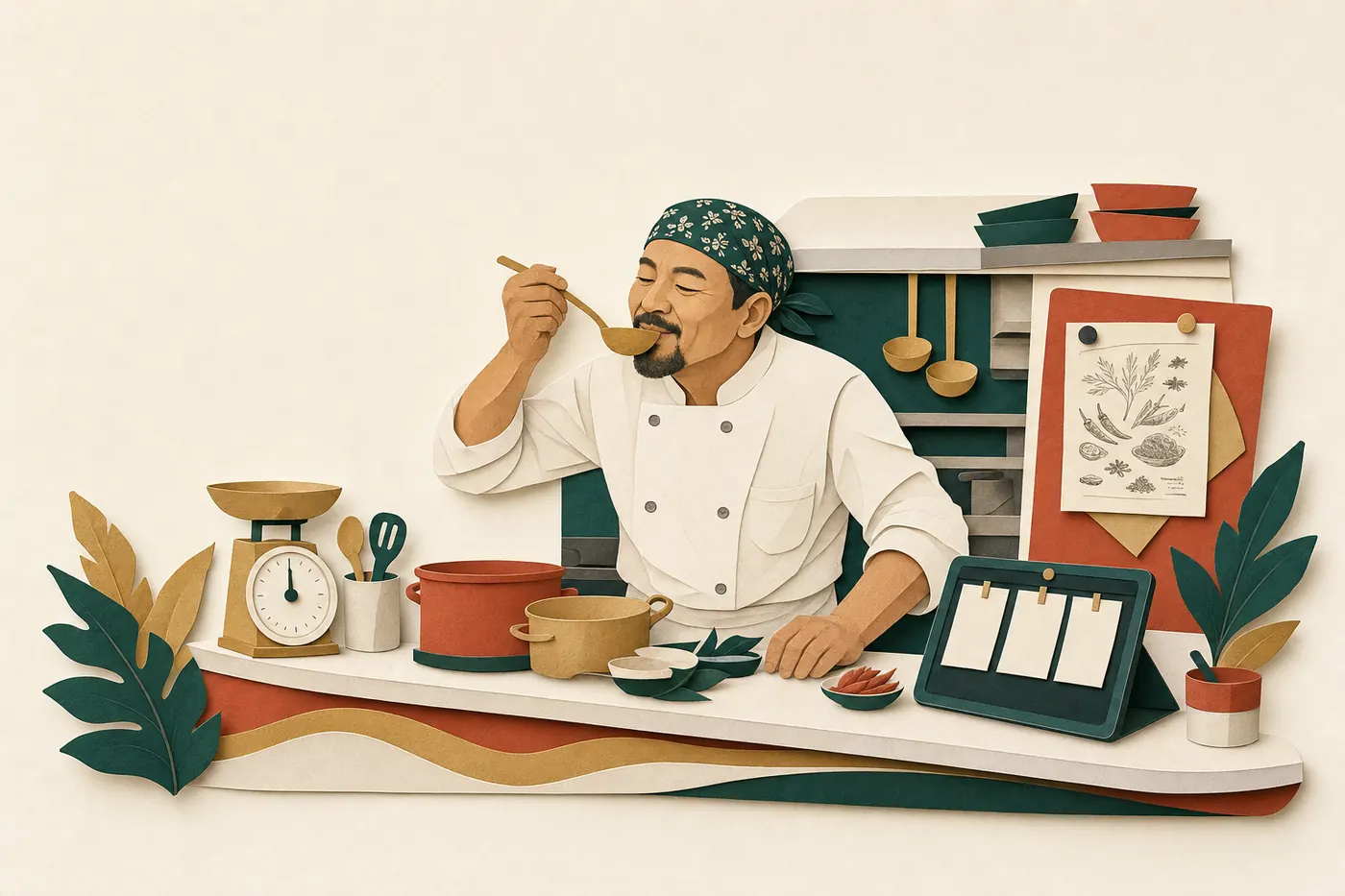 A head chef in whites and a bandana at a kitchen pass, tasting from a ladle, with a recipe card, a scale and a tablet