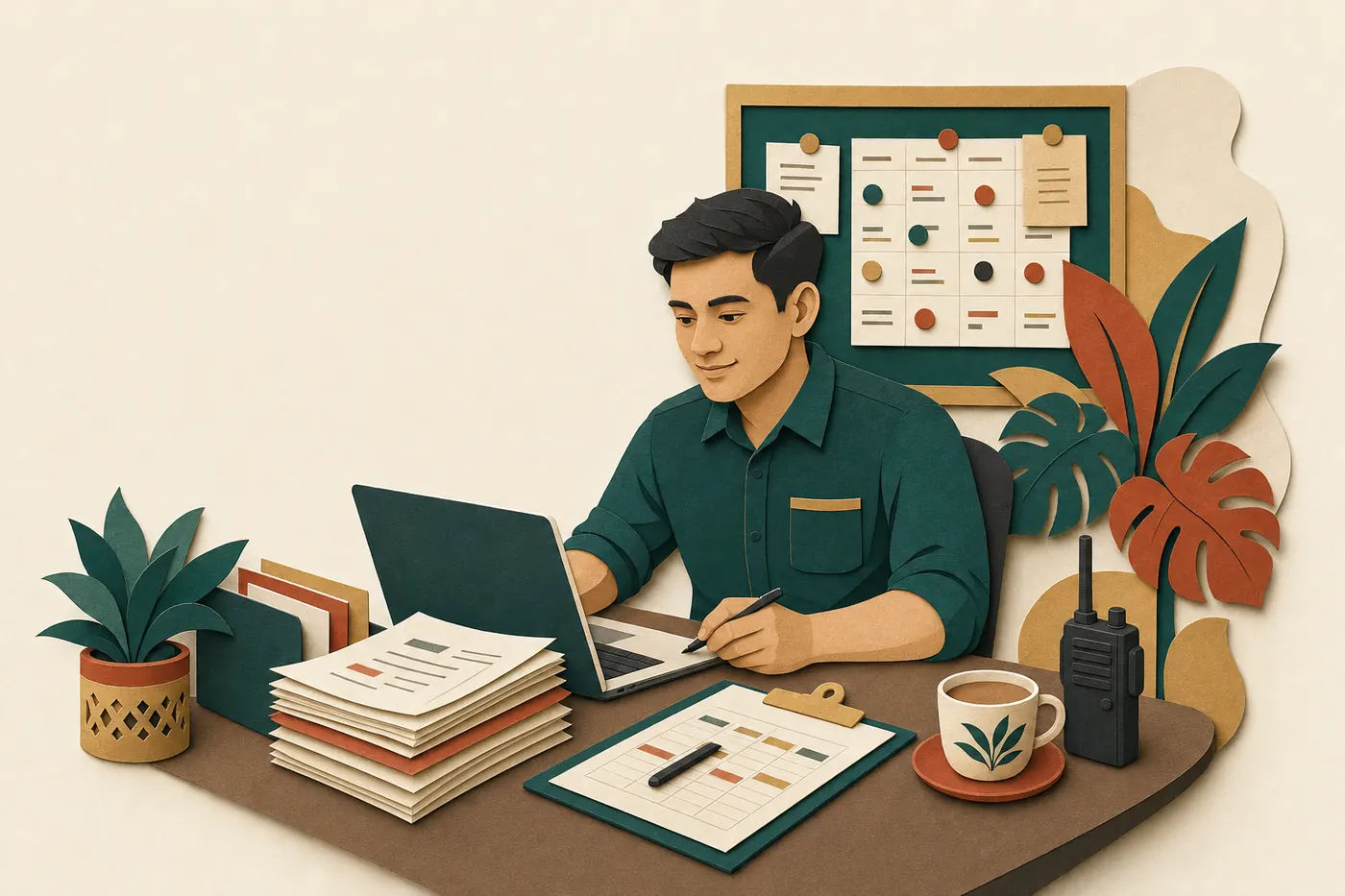 An outlet manager at a back office desk with a laptop, delivery notes, a roster board and a walkie-talkie