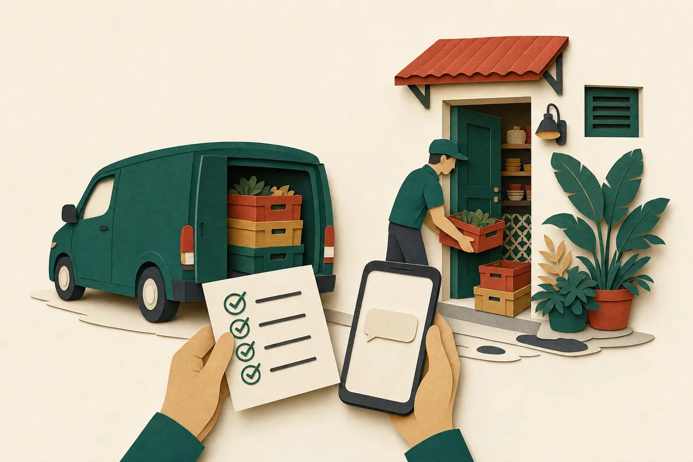 A small supplier van at a shophouse back door delivering crates, a delivery note in hand and a checklist with green ticks