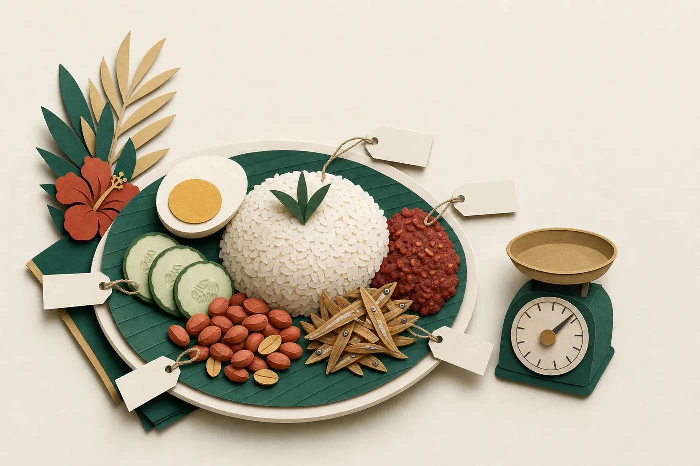 A plate of nasi lemak on a banana leaf with small paper tags tied to each ingredient and a tiny scale beside it