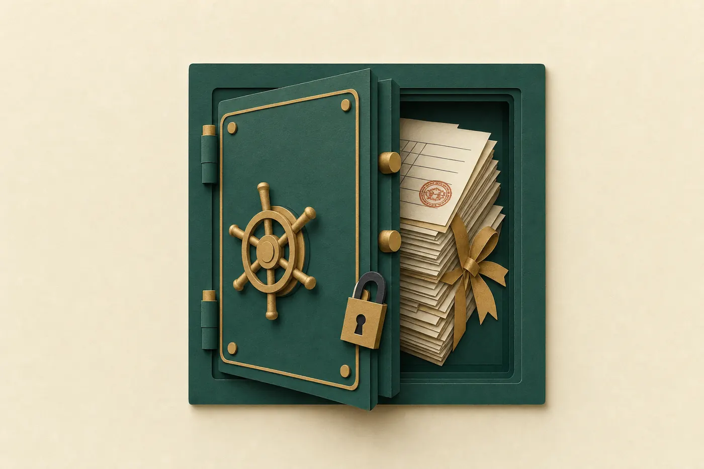 A deep green safe door slightly open, revealing stacked documents with a gold ribbon and a padlock