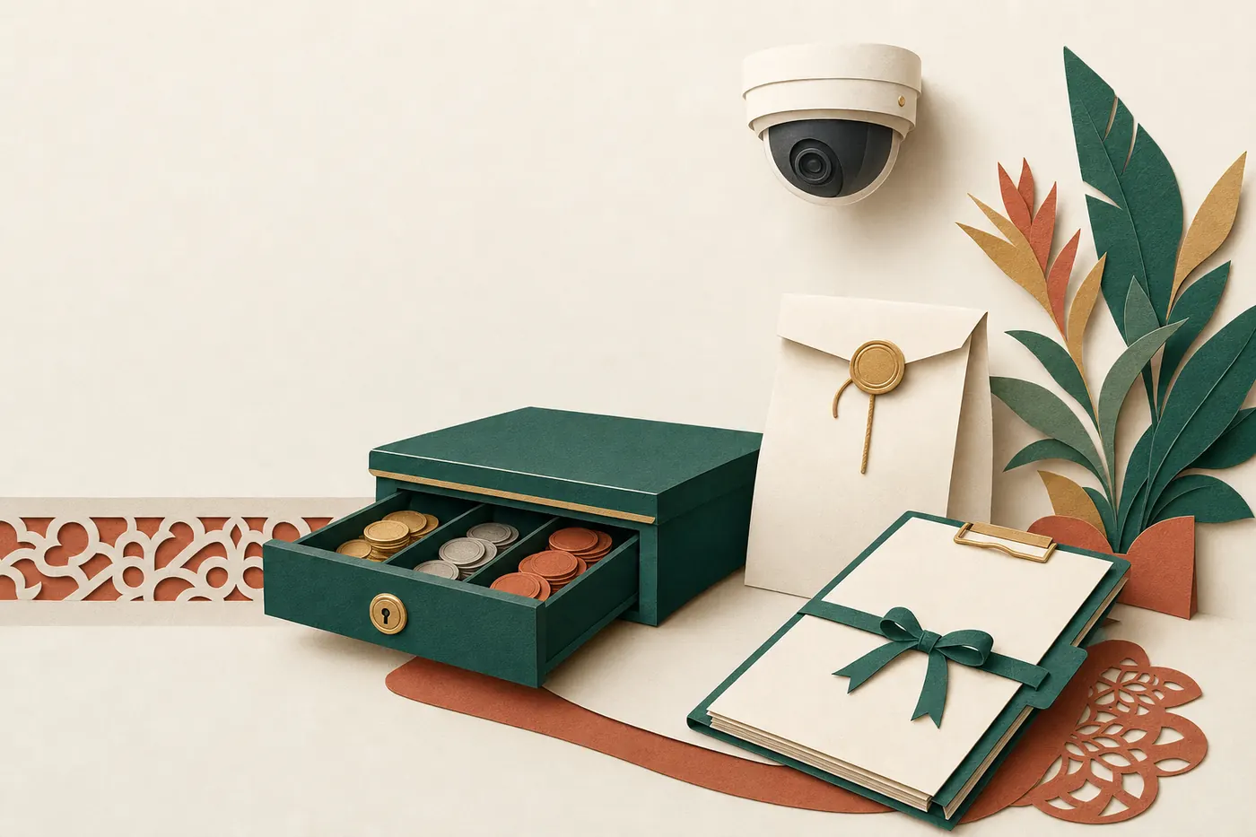 A cash drawer slightly open with coins, a small dome camera above, a sealed deposit bag with a gold seal and a case folder with a green ribbon