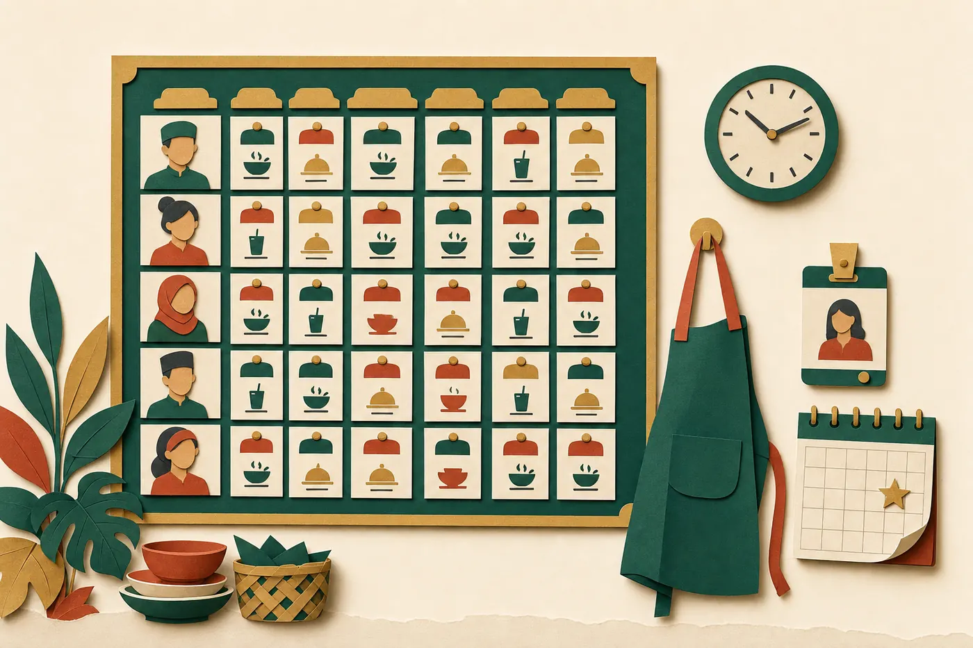 A weekly roster board made of paper cards, a wall clock, an apron on a hook, a name badge and a calendar with a public holiday marked by a gold star