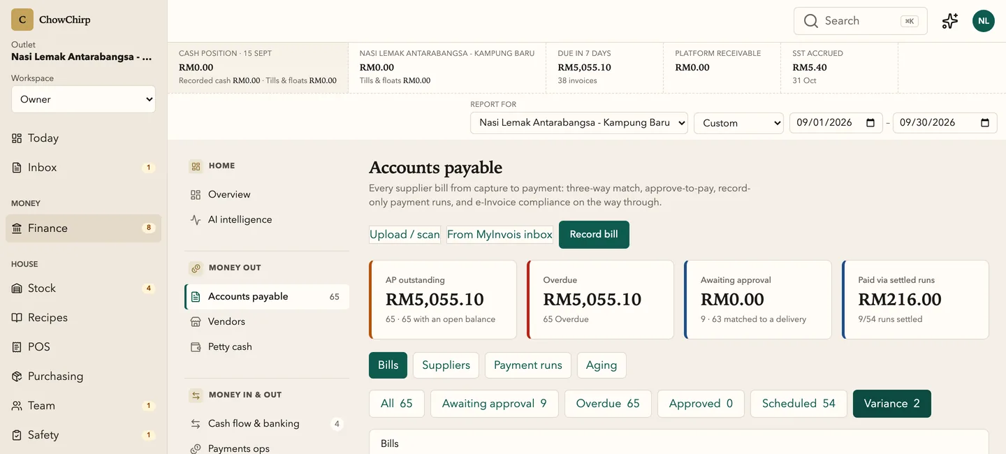 The accounts payable screen with outstanding, overdue, awaiting approval and paid totals, filter chips for awaiting approval, overdue, scheduled and variance, and a list of supplier bills with match status and e-Invoice status