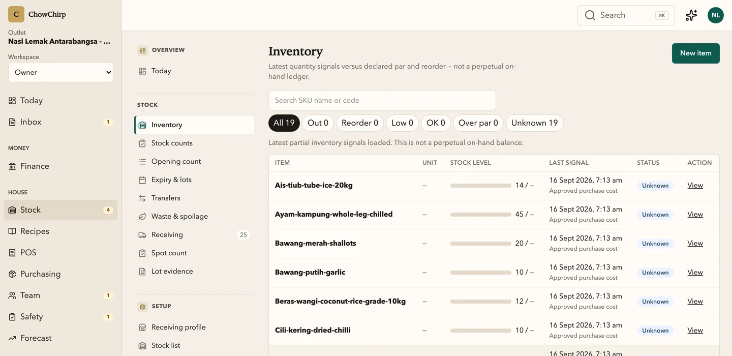 The inventory list with status filters and rows for tube ice, chilled chicken leg, shallots, garlic, coconut rice and dried chilli, each with a quantity from approved purchase lines, the last signal time and a status badge